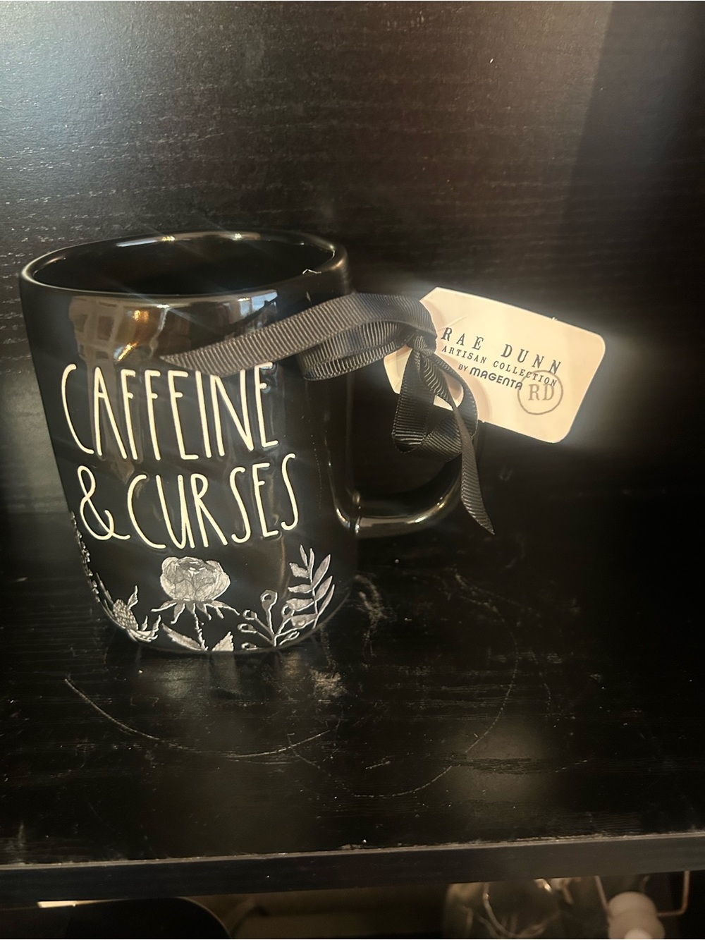 Artisan Black Ceramic 'Caffeine & Curses' Mug